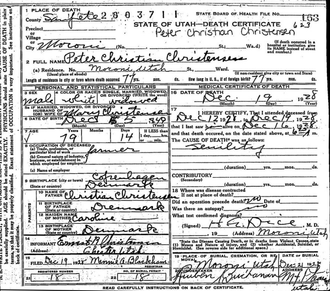 Peter Christian Christensen death certificate